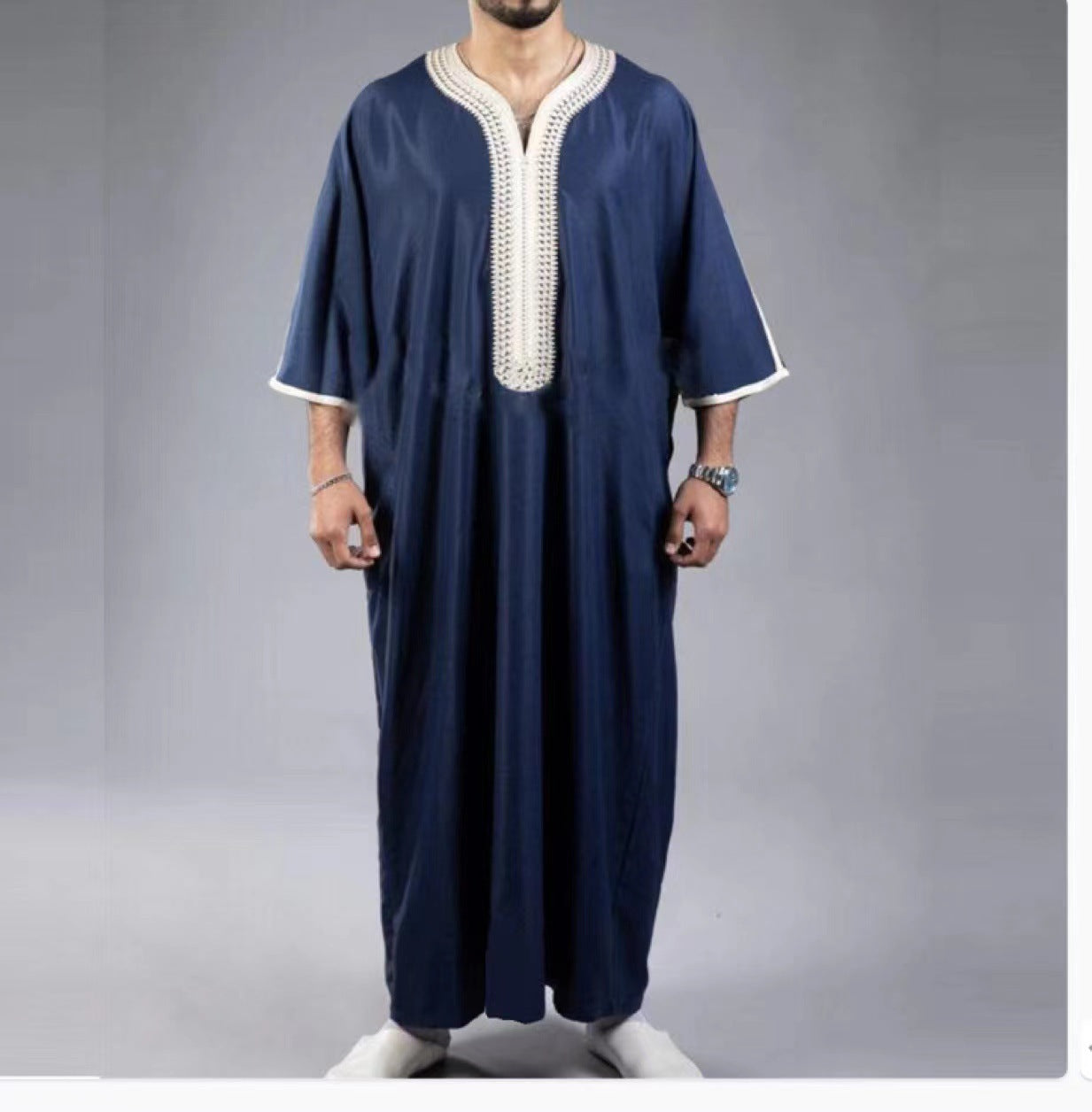 Arabische Robe Mid Kurzarm Bestickte Marineblau Männer