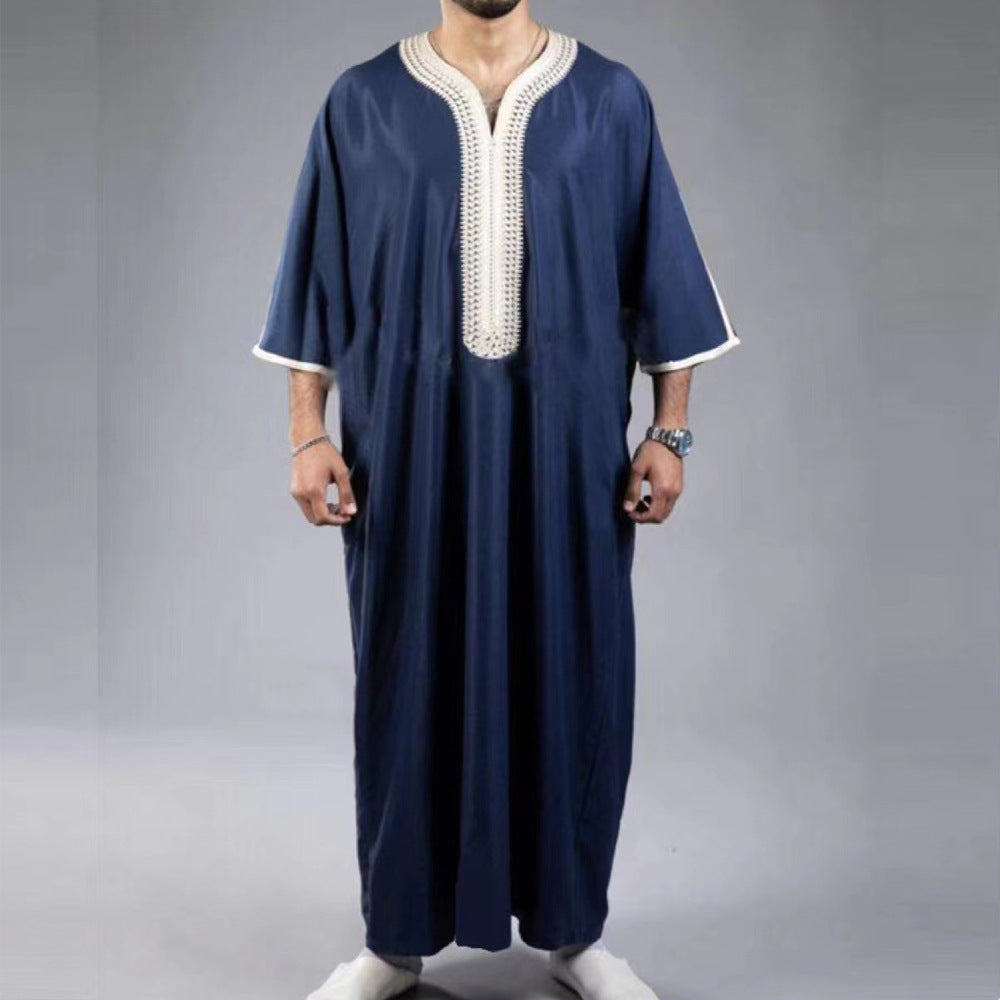 Arabische Robe Mid Kurzarm Bestickte Marineblau Männer