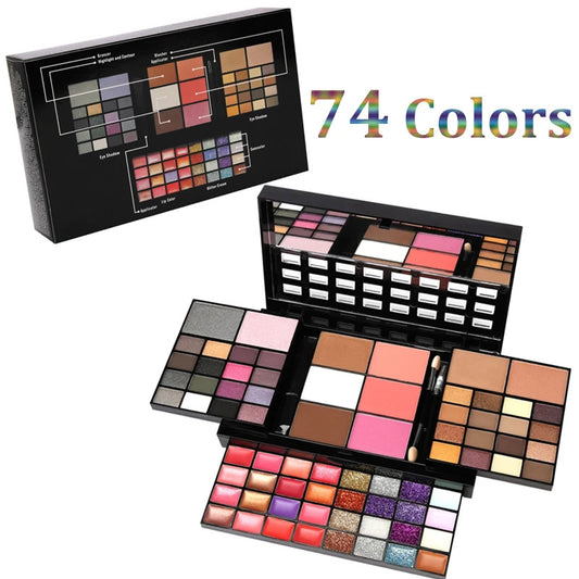 74 farben Lidschatten Lip Gloss Blush Hochglanz Glitter Pailletten Make-Up Combo Palette