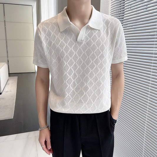 Summer New Men's Breathable Hollow Lapel T-shirt Hong Kong Style